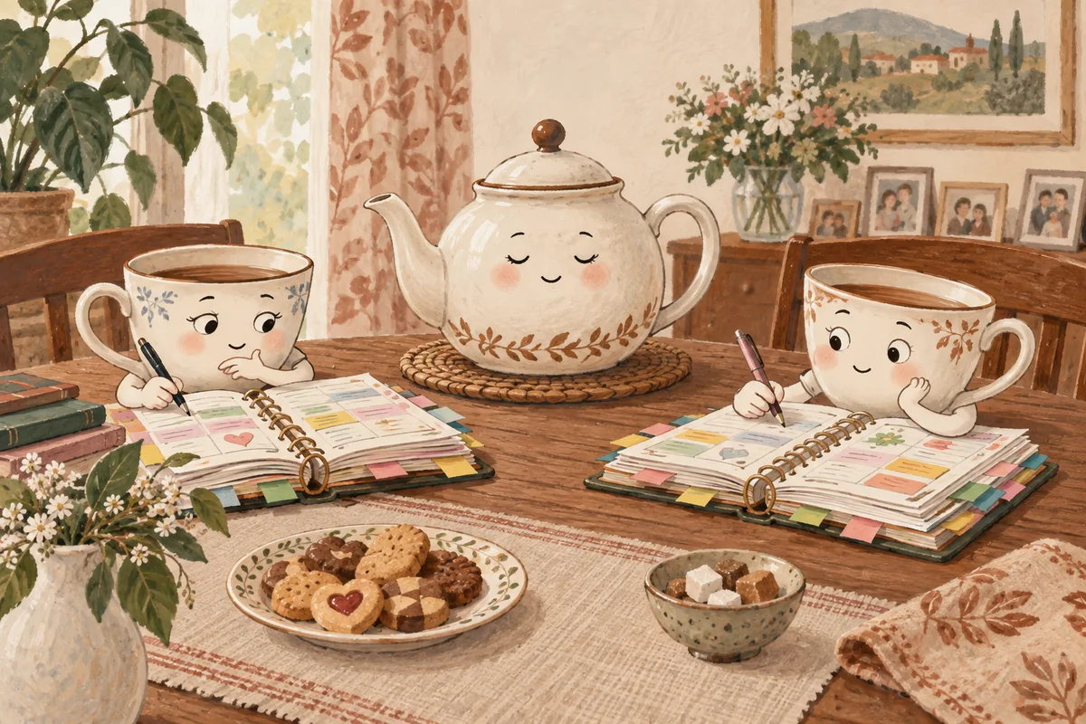 Two teacups on a table have comically elaborate appointment diaries while an ordinary teapot waits patiently.